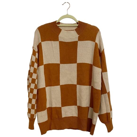ANDTHEWHY Brown Checkered Oversized Sweater Sz S NWT - Picture 2 of 14